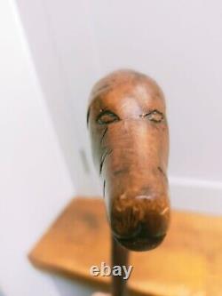 Antique carved unique character dog head figural walking stick 34 87cm c1900