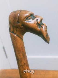 Antique carved unique character head figural walking stick 31 81cm c1900