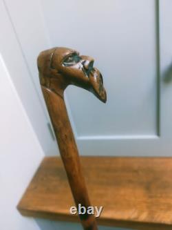 Antique carved unique character head figural walking stick 31 81cm c1900
