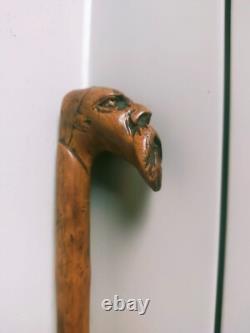 Antique carved unique character head figural walking stick 31 81cm c1900