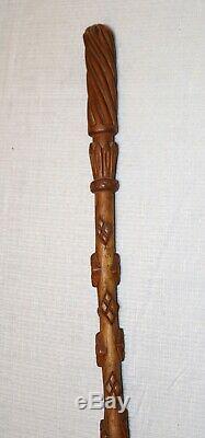 Antique elaborate 19th century hand carved wood Folk Art walking stick cane rare