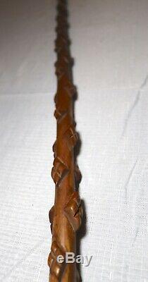 Antique elaborate 19th century hand carved wood Folk Art walking stick cane rare