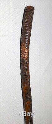 Antique elaborate signed figural hand carved wood Folk Art walking stick cane