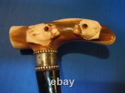 Antique fantastic Carved two bull Dog Head Cane Walking Stick Handle Ca 1900