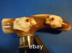 Antique fantastic Carved two bull Dog Head Cane Walking Stick Handle Ca 1900