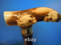 Antique fantastic Carved two bull Dog Head Cane Walking Stick Handle Ca 1900