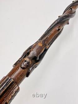 Antique folk art carved walking stick with snakes lizard dated 1911 cane