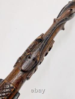 Antique folk art carved walking stick with snakes lizard dated 1911 cane