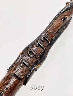 Antique folk art carved walking stick with snakes lizard dated 1911 cane