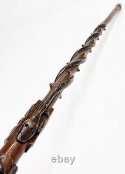 Antique folk art carved walking stick with snakes lizard dated 1911 cane