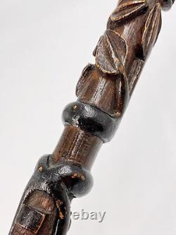 Antique folk art carved walking stick with snakes lizard dated 1911 cane