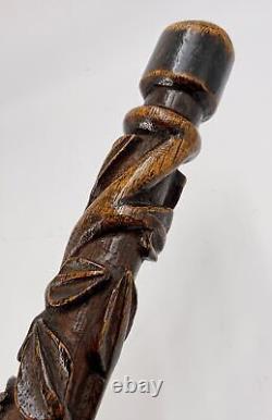 Antique folk art carved walking stick with snakes lizard dated 1911 cane