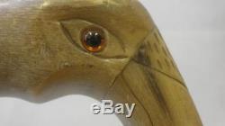 Antique hallmarked silver- carved Bovine horn birds head top glass eyes-'W. H. E