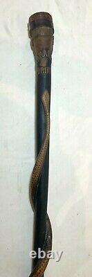 Antique hand carved Folk Art wood Kamarad Fritz figural snake walking stick cane