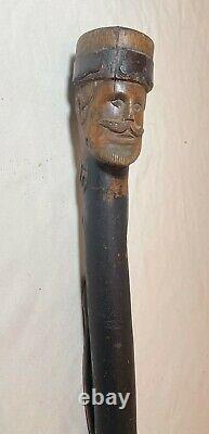 Antique hand carved Folk Art wood Kamarad Fritz figural snake walking stick cane
