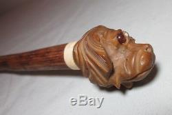 Antique hand carved nut figural dog wood glass eye cane walking stick Folk Art