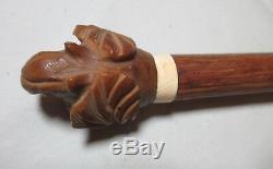 Antique hand carved nut figural dog wood glass eye cane walking stick Folk Art