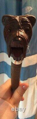 Antique hand carved terrier dogs head mouth opens and closes walking stick