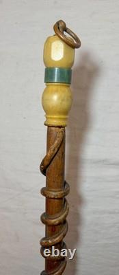 Antique handmade carved bakelite brass wine wood Folk Art cane walking stick