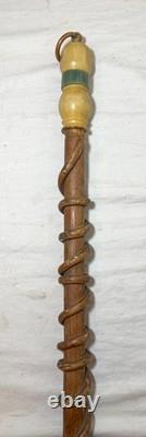 Antique handmade carved bakelite brass wine wood Folk Art cane walking stick