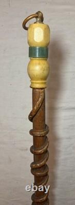 Antique handmade carved bakelite brass wine wood Folk Art cane walking stick