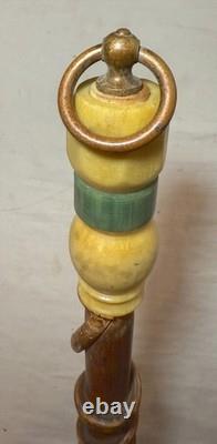 Antique handmade carved bakelite brass wine wood Folk Art cane walking stick