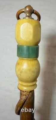Antique handmade carved bakelite brass wine wood Folk Art cane walking stick
