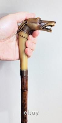 Antique horn carved greyhound handle bamboo walking stick