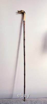 Antique horn carved greyhound handle bamboo walking stick