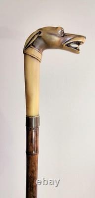 Antique horn carved greyhound handle bamboo walking stick