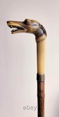 Antique horn carved greyhound handle bamboo walking stick
