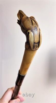 Antique horn carved greyhound handle bamboo walking stick