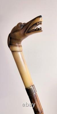 Antique horn carved greyhound handle bamboo walking stick
