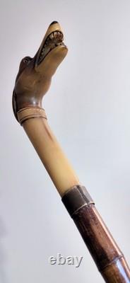 Antique horn carved greyhound handle bamboo walking stick