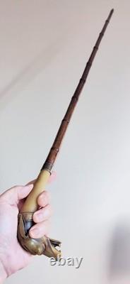 Antique horn carved greyhound handle bamboo walking stick