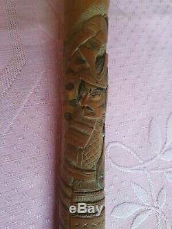 Antique oriental bamboo carved walking stick tigers Samurai warriors wood SIGNED