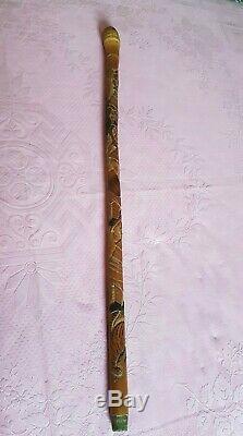 Antique oriental bamboo carved walking stick tigers Samurai warriors wood SIGNED