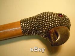 Antique parrot carved and silver beaded Cane Walking Stick, glass eyes Ca 1910