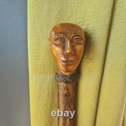 Antique vintage carved mans face head walking stick cane staff Folk art Carving