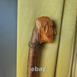 Antique vintage carved mans face head walking stick cane staff Folk art Carving