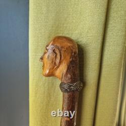 Antique vintage carved mans face head walking stick cane staff Folk art Carving