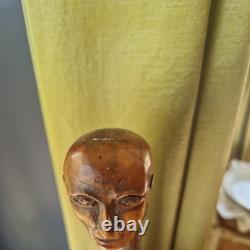 Antique vintage carved mans face head walking stick cane staff Folk art Carving