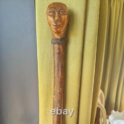 Antique vintage carved mans face head walking stick cane staff Folk art Carving