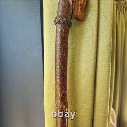 Antique vintage carved mans face head walking stick cane staff Folk art Carving