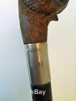 Antique walking stick Carved Dog Head Articulated Silver collar black forest