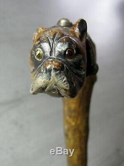 Antique walking stick carved bulldog head handle