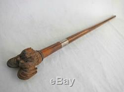 BEAUTIFUL ANTIQUE WALKING STICK SILVER MOUNT & CARVED DOGS HEAD HANDLE 1907 cane