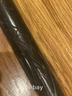 BEAUTIFUL Carved Wood & Brass WALKING STICK CANE POOL CUE AGE UNKNOWN
