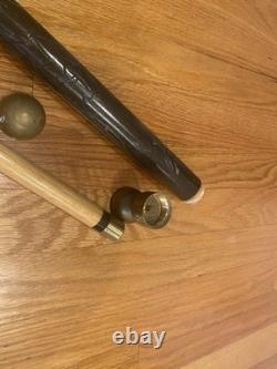 BEAUTIFUL Carved Wood & Brass WALKING STICK CANE POOL CUE AGE UNKNOWN