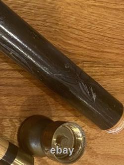 BEAUTIFUL Carved Wood & Brass WALKING STICK CANE POOL CUE AGE UNKNOWN